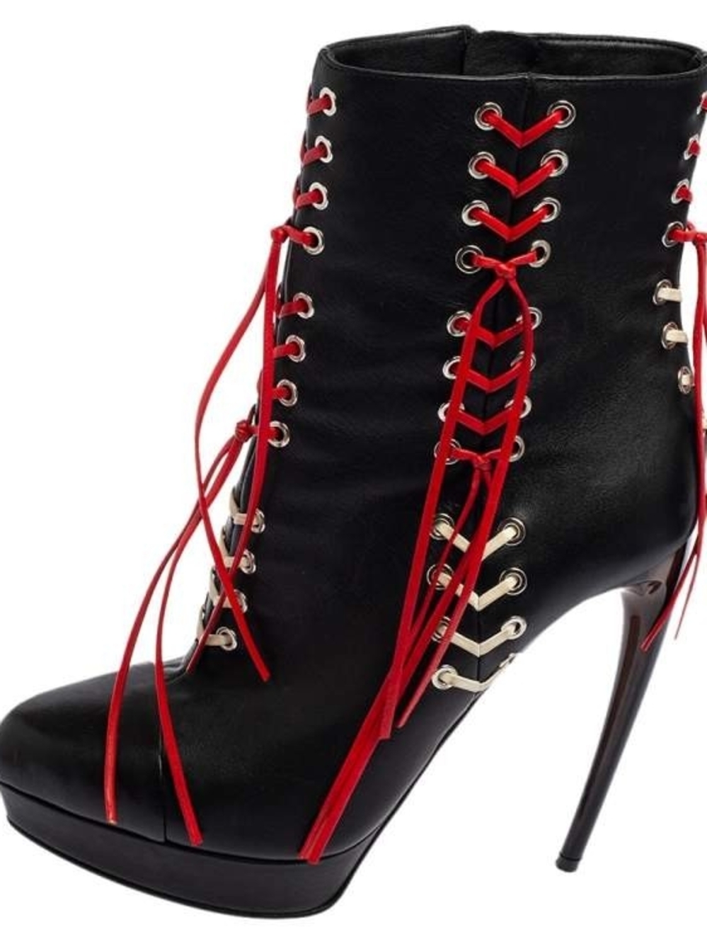 Alexander McQueen Black Leather Lace-Up Stiletto Ankle Boots with Red Laces